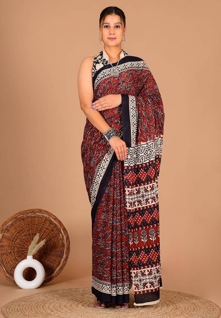 Brown soft mul cotton saree with unstiched attached blouse piece