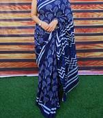 Blue soft mul cotton saree with unstiched attached blouse piece