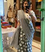 Grey soft mul cotton saree with unstiched attached blouse piece