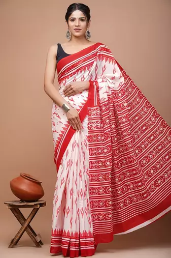 Red soft mul cotton saree with unstiched attached blouse piece