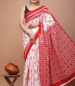 Red soft mul cotton saree with unstiched attached blouse piece