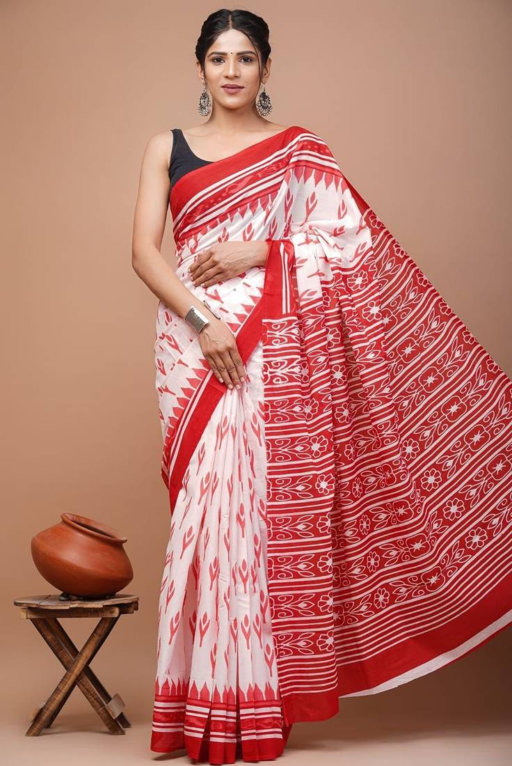 Red soft mul cotton saree with unstiched attached blouse piece