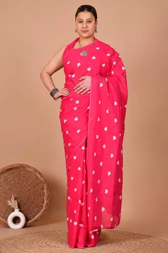 Pink soft mul cotton saree with unstiched attached blouse piece