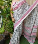 Grey soft mul cotton saree with unstiched attached blouse piece