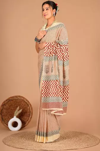 Beige soft mul cotton saree with unstiched attached blouse piece