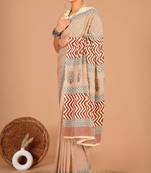 Beige soft mul cotton saree with unstiched attached blouse piece