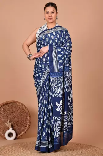 Blue soft mul cotton saree with unstiched attached blouse piece