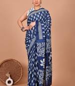Blue soft mul cotton saree with unstiched attached blouse piece