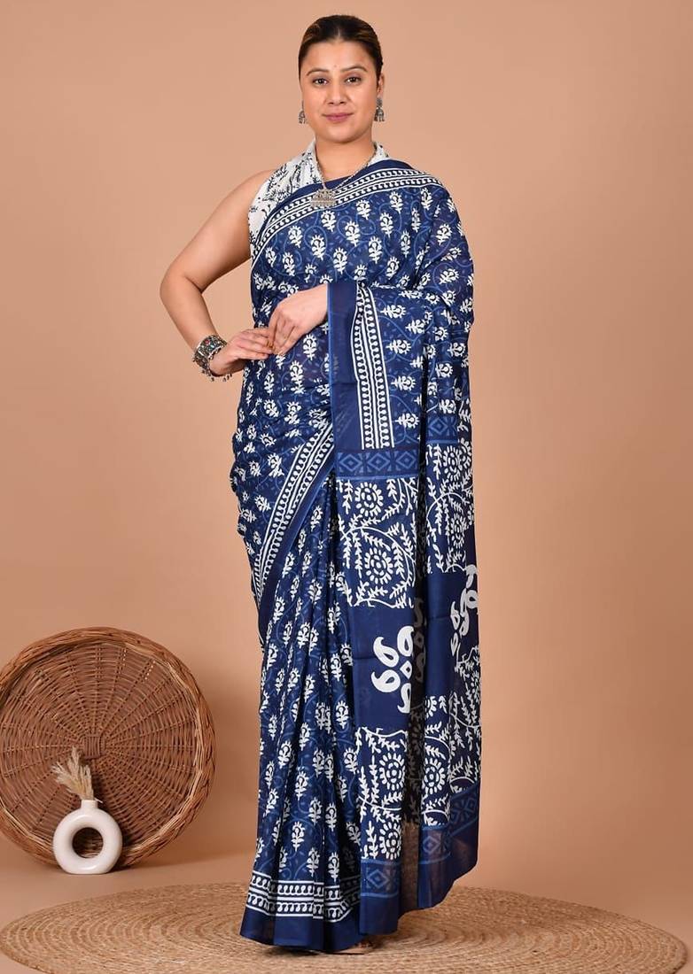 Blue soft mul cotton saree with unstiched attached blouse piece