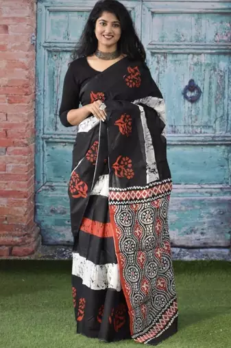 Black soft mul cotton saree with unstiched attached blouse piece