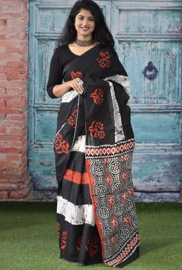 Black soft mul cotton saree with unstiched attached blouse piece