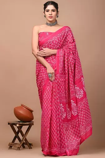 Pink soft mul cotton saree with unstiched attached blouse piece