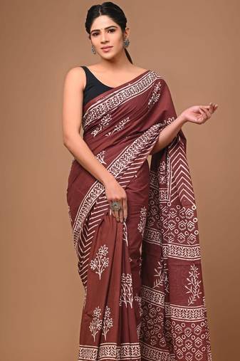 Brown soft mul cotton saree with unstiched attached blouse piece