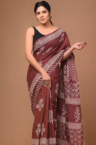 Brown soft mul cotton saree with unstiched attached blouse piece