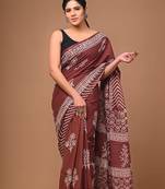 Brown soft mul cotton saree with unstiched attached blouse piece