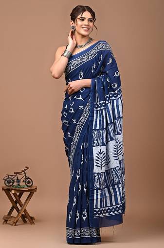 Navy blue soft mul cotton saree with unstiched attached blouse piece