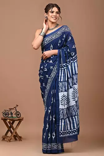 Navy blue soft mul cotton saree with unstiched attached blouse piece