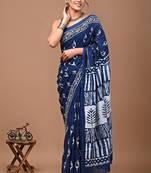 Navy blue soft mul cotton saree with unstiched attached blouse piece