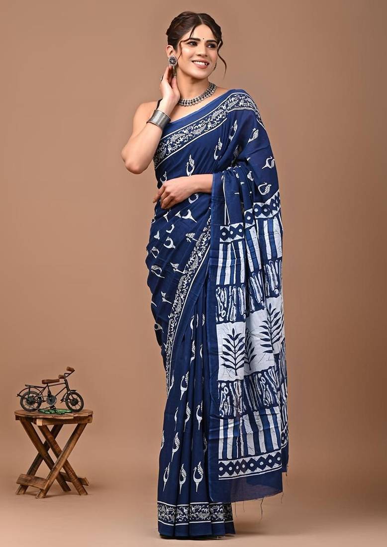 Navy blue soft mul cotton saree with unstiched attached blouse piece