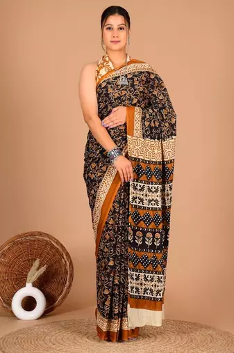 Multicolor soft mul cotton saree with unstiched attached blouse piece