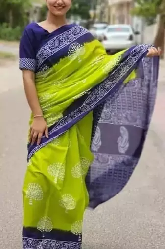 Light green soft mul cotton saree with unstiched attached blouse piece
