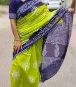 Light green soft mul cotton saree with unstiched attached blouse piece