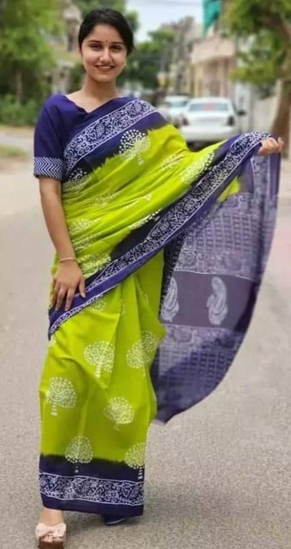 Light green soft mul cotton saree with unstiched attached blouse piece