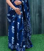 Blue soft mul cotton saree with unstiched attached blouse piece
