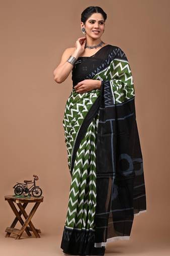 Multicolor soft mul cotton saree with unstiched attached blouse piece