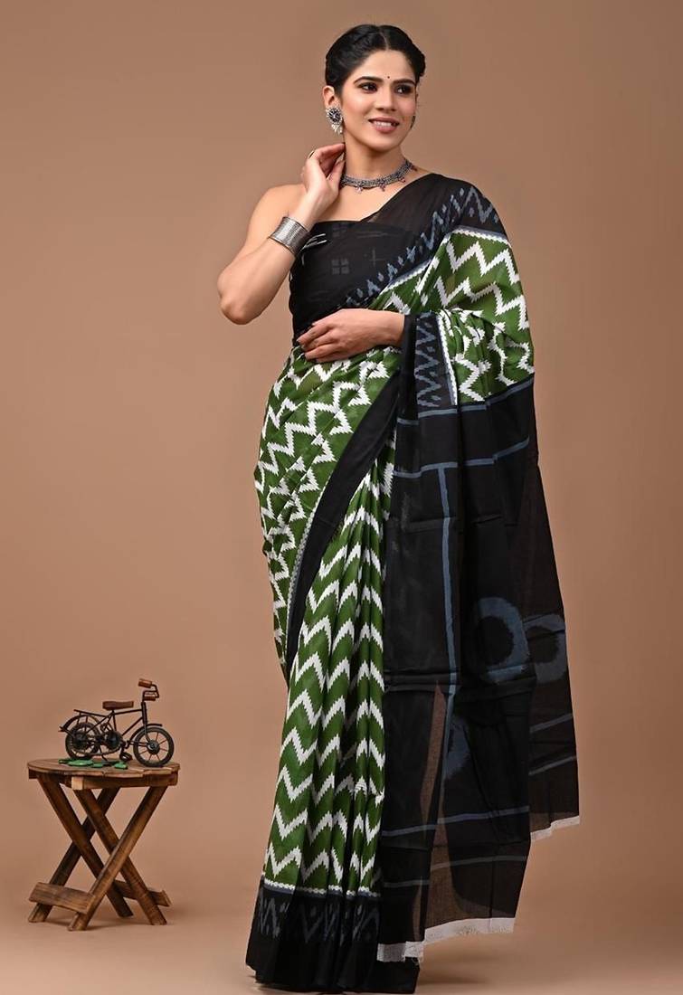 Multicolor soft mul cotton saree with unstiched attached blouse piece