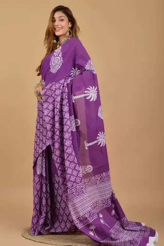 Lavender soft mul cotton saree with unstiched attached blouse piece