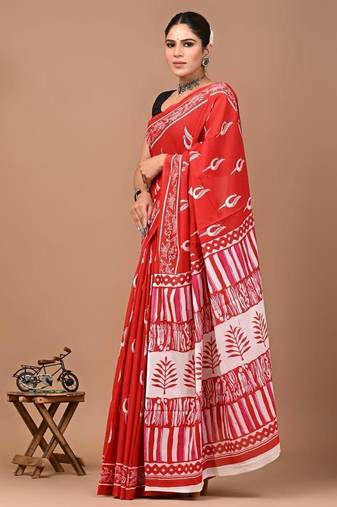 Red soft mul cotton saree with unstiched attached blouse piece