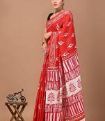 Red soft mul cotton saree with unstiched attached blouse piece
