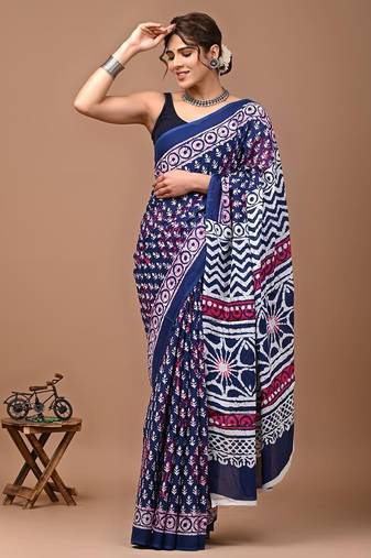 Blue soft mul cotton saree with unstiched attached blouse piece