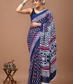 Blue soft mul cotton saree with unstiched attached blouse piece