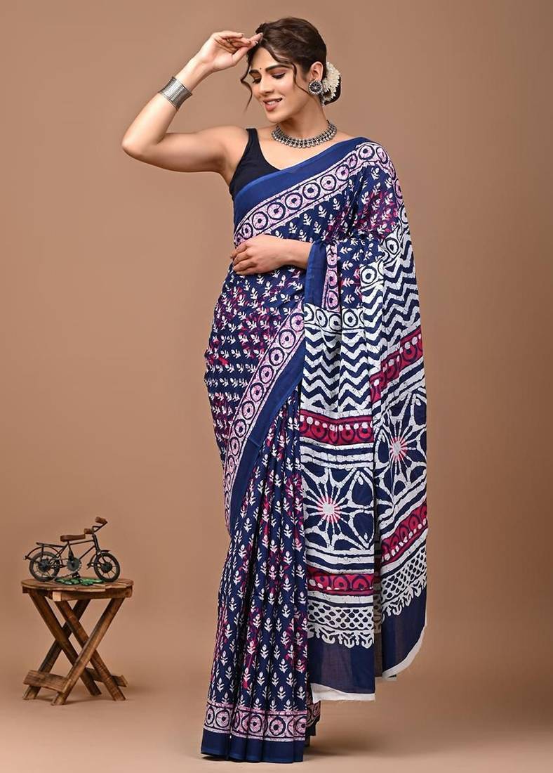 Blue soft mul cotton saree with unstiched attached blouse piece