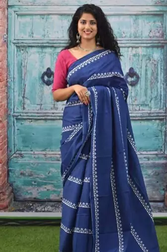 Blue soft mul cotton saree with unstiched attached blouse piece