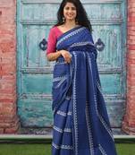 Blue soft mul cotton saree with unstiched attached blouse piece