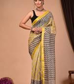 Yellow maheshwari silk saree with woven borders and beautiful hand block print