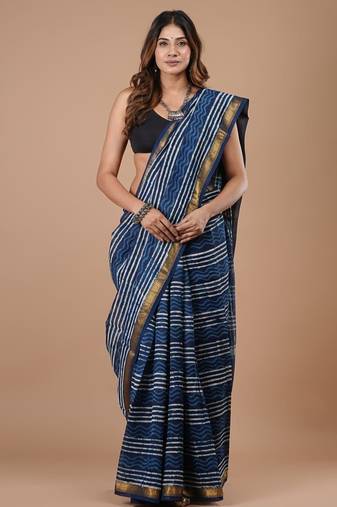 Blue maheshwari silk saree with woven borders and beautiful hand block print