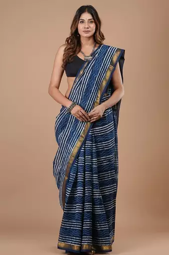 Blue maheshwari silk saree with woven borders and beautiful hand block print