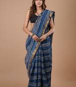 Blue maheshwari silk saree with woven borders and beautiful hand block print