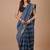 Blue maheshwari silk saree with woven borders and beautiful hand block print