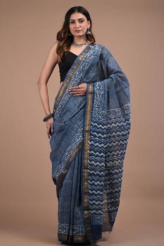 Blue maheshwari silk saree with woven borders and beautiful hand block print