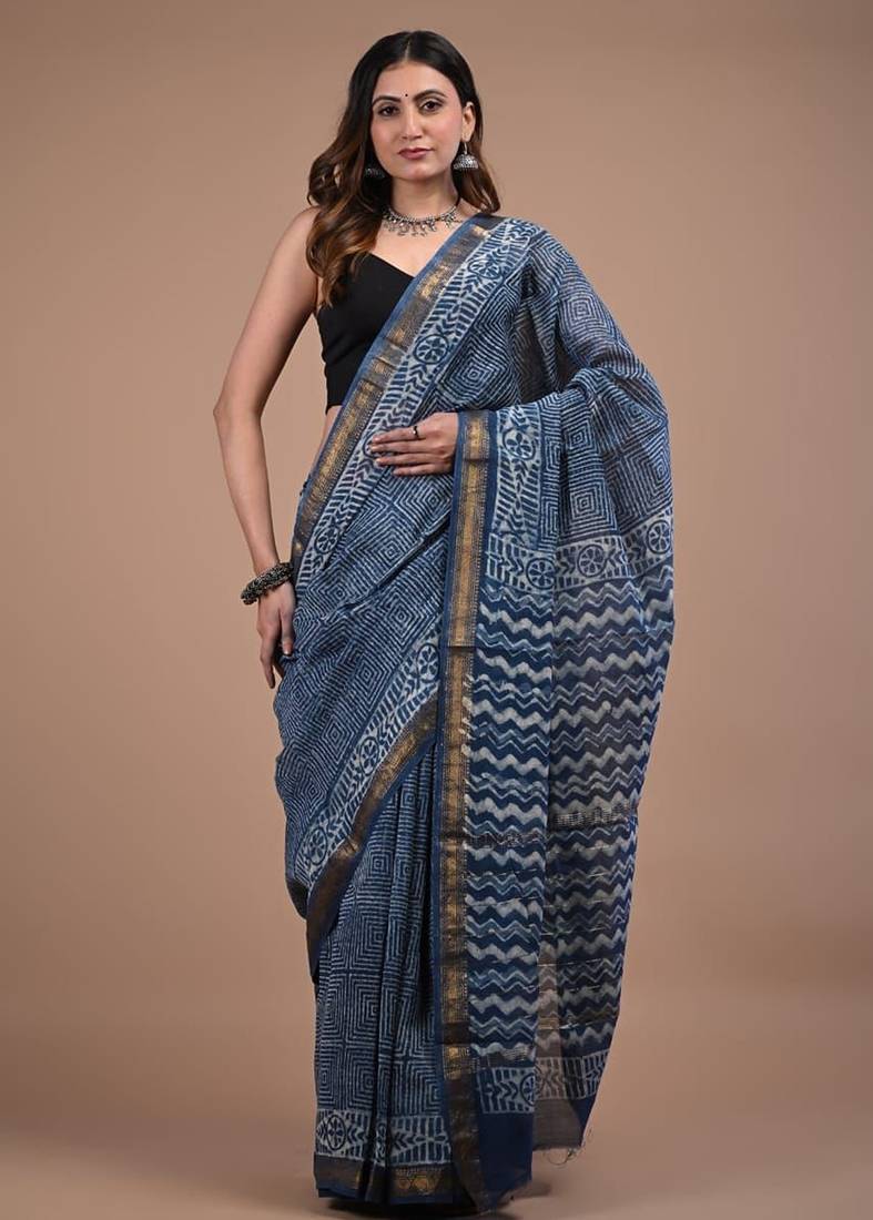 Blue maheshwari silk saree with woven borders and beautiful hand block print