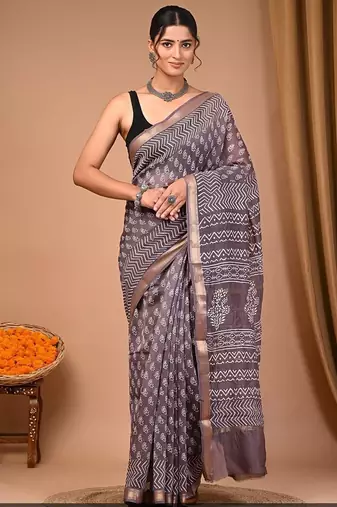 Grey maheshwari silk saree with woven borders and beautiful hand block print
