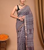 Grey maheshwari silk saree with woven borders and beautiful hand block print