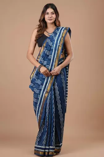 Blue maheshwari silk saree with woven borders and beautiful hand block print