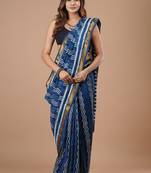 Blue maheshwari silk saree with woven borders and beautiful hand block print