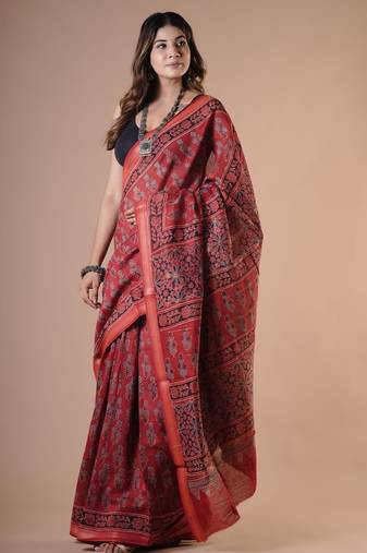 Red maheshwari silk saree with woven borders and beautiful hand block print